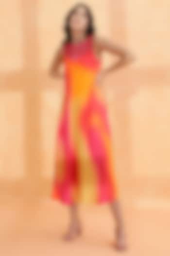 Multi-Colored Viscose Satin Printed Midi Dress by RADKA
