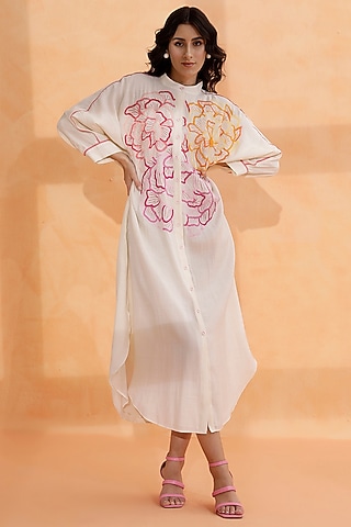 Off-White Chinon Silk Floral Embroidered Shirt Dress by RADKA