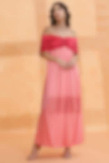 Fuchsia & Rose Pink Satin Lycra Off-Shoulder Cape Dress by RADKA