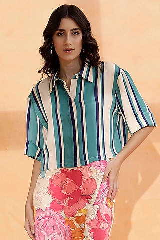 Multi-Colored Viscose Satin Printed Cropped Shirt by RADKA