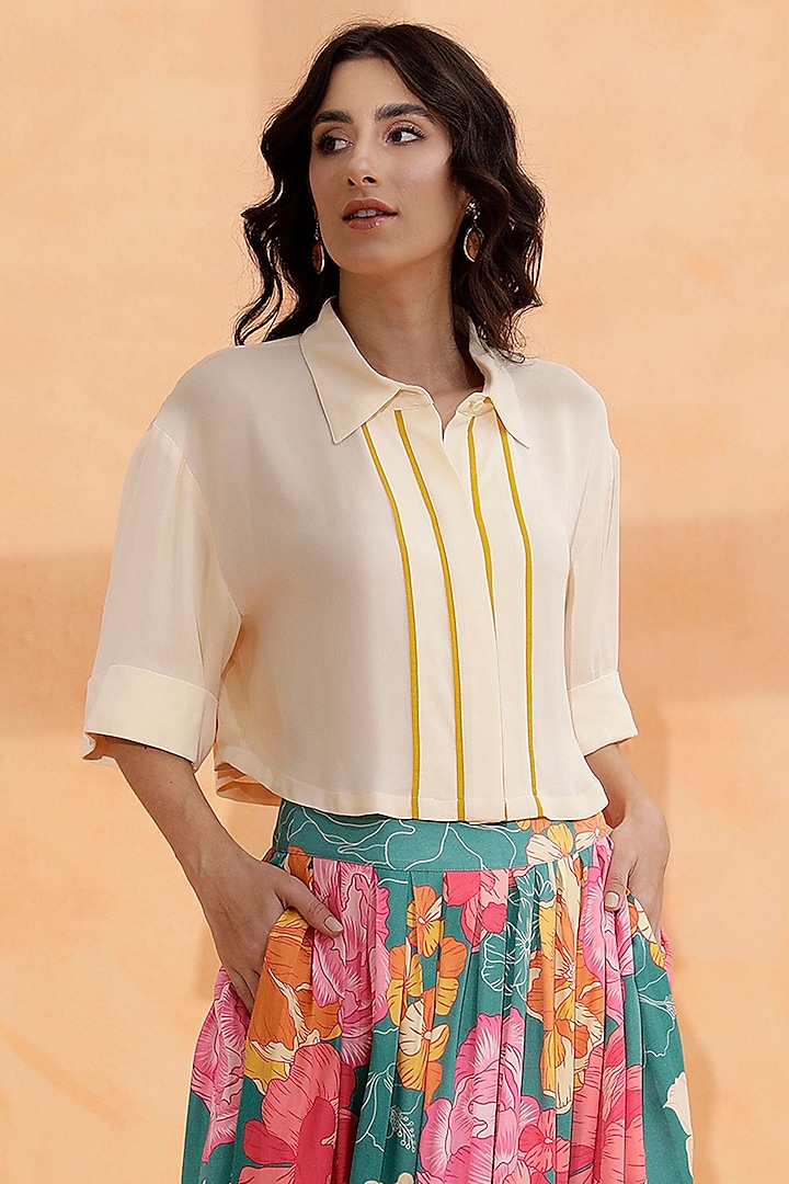 Buttermilk Viscose Double Georgette Cropped Shirt by RADKA