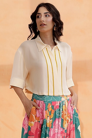 Buttermilk Viscose Double Georgette Cropped Shirt by RADKA