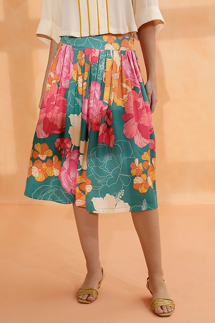 Multi-Colored Crepe Satin Printed Midi Skirt by RADKA
