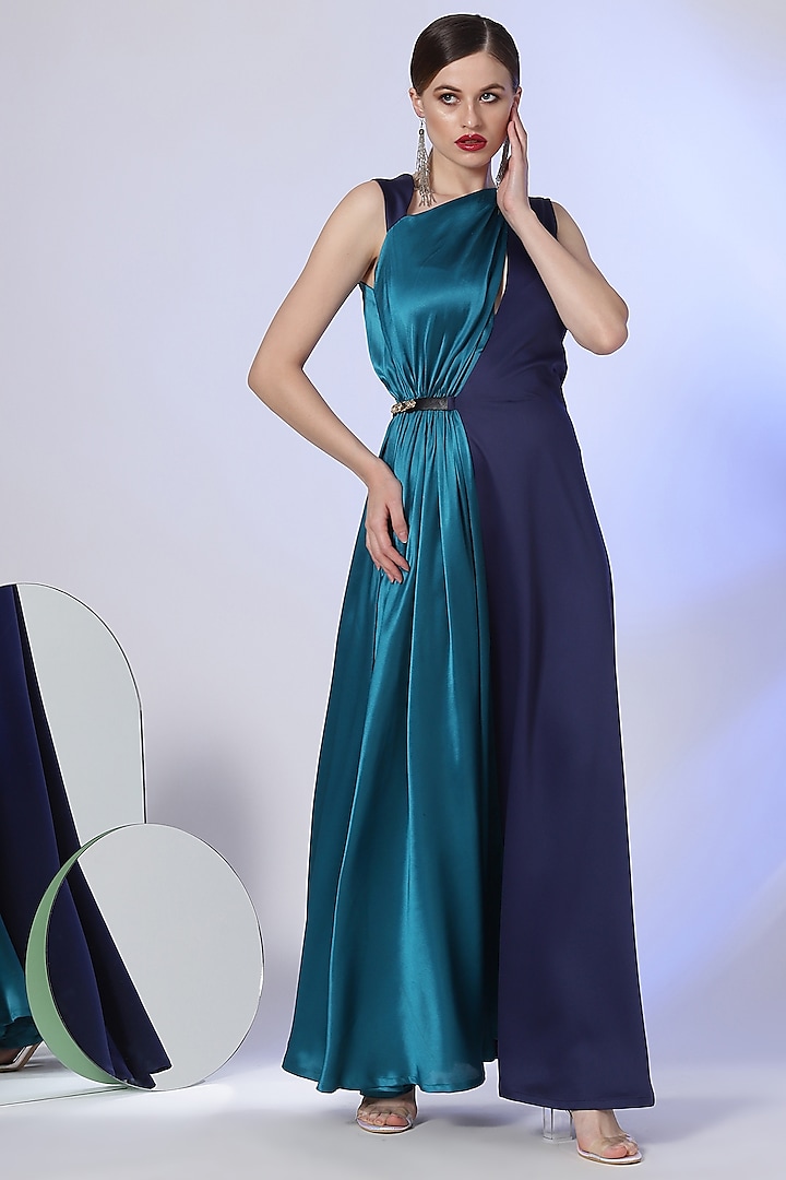 Teal & Navy Blue Polyester Gown Design by RADKA at Pernia's Pop Up Shop ...