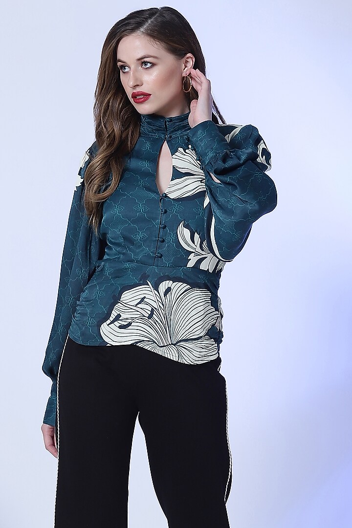 Teal Floral Printed Top by RADKA at Pernia's Pop Up Shop