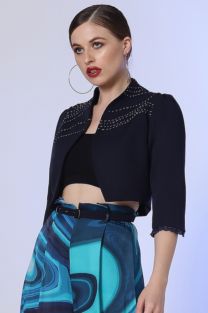 Navy Blue Embellished Shrug by RADKA at Pernia's Pop Up Shop