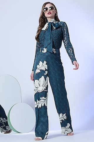Teal Floral Printed Jumpsuit by RADKA