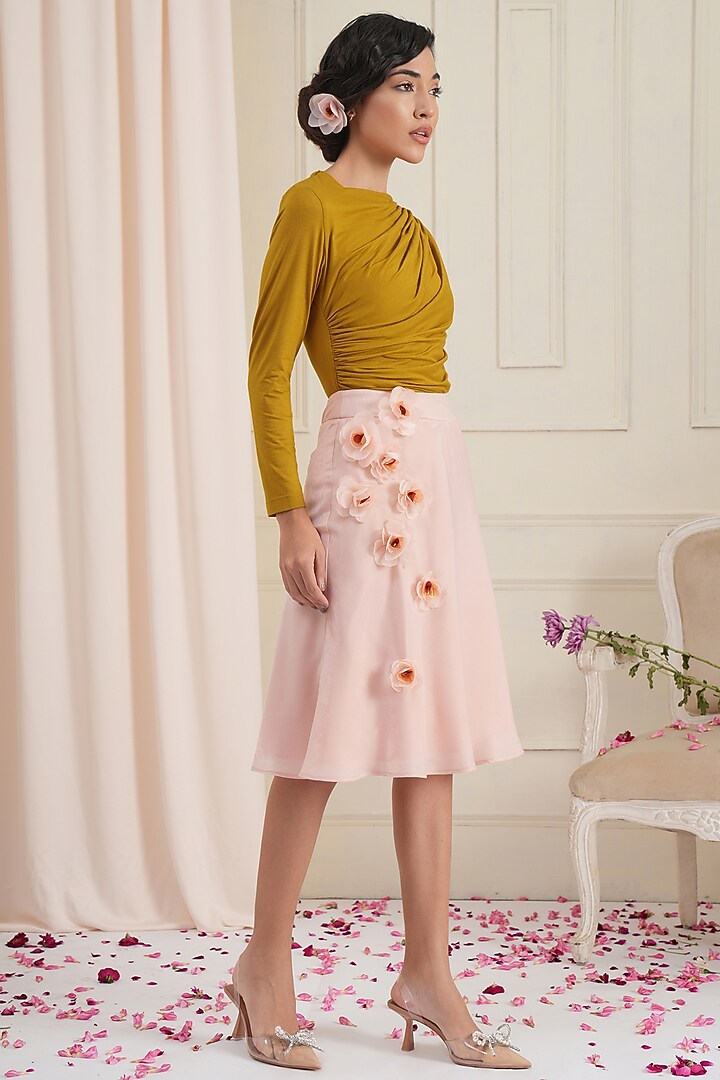 Powder Pink Suede Satin Funnel Skirt by RADKA at Pernia's Pop Up Shop