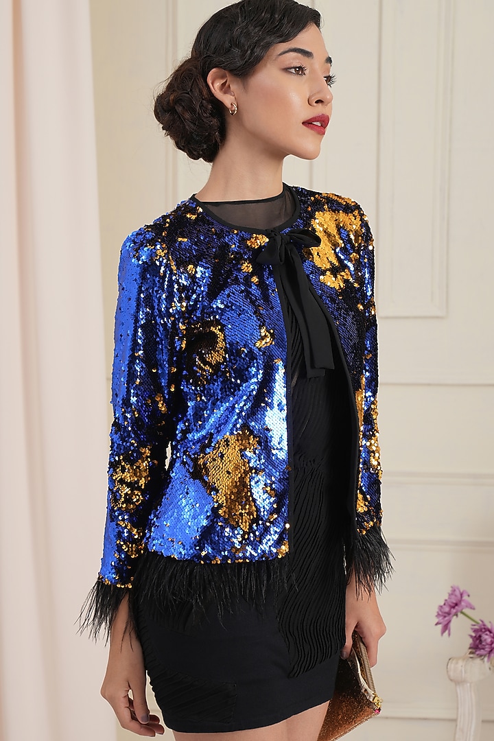 Sapphire Blue Sequins Short Jacket by RADKA at Pernia's Pop Up Shop