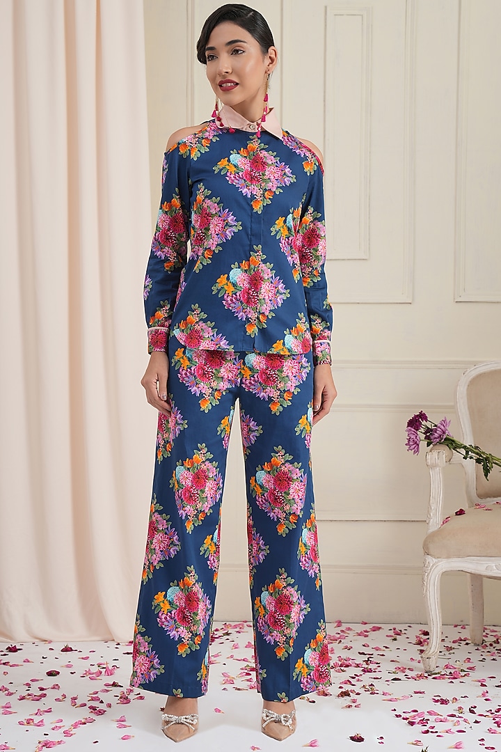 Azure Blue Floral Printed Co-Ord Set by RADKA