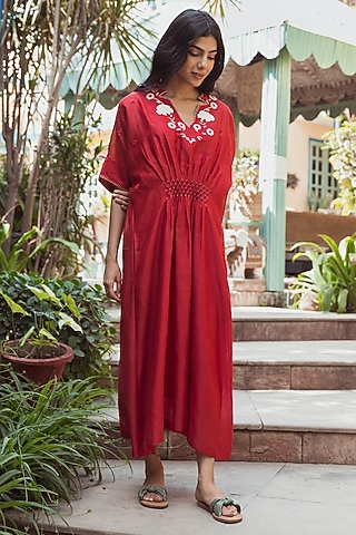 Red Chanderi Hand Embroidered Kaftan by Raiman
