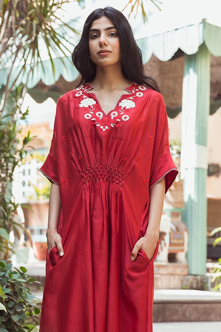 Red Chanderi Hand Embroidered Kaftan by Raiman at Pernia's Pop Up Shop