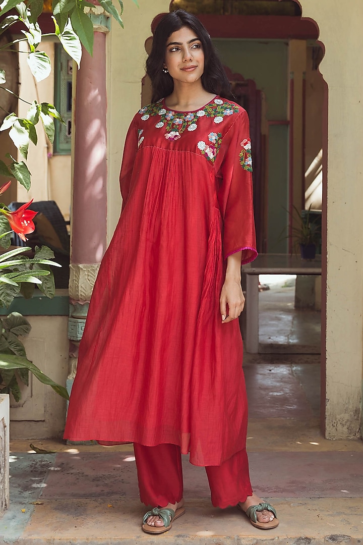 Red Soft Chanderi Hand Embroidered Tunic Set by Raiman
