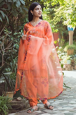 Orange Soft Chanderi Printed & Hand Embroidered Kurta Set by Raiman