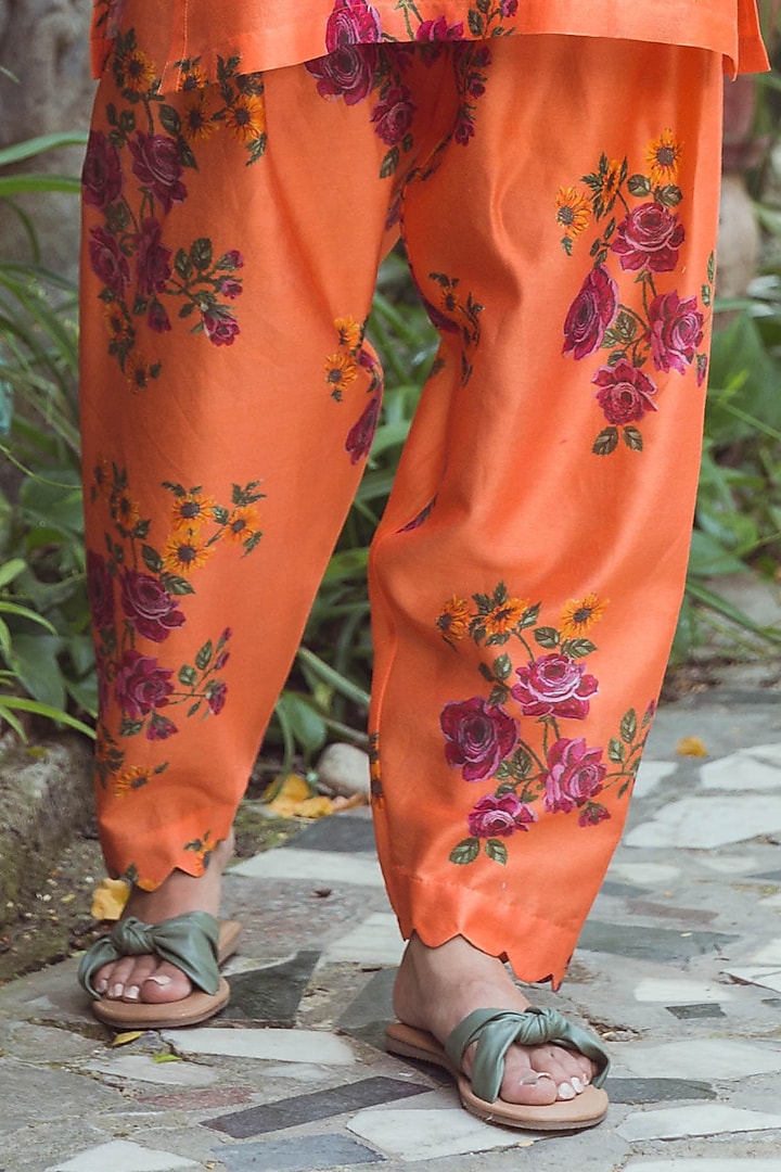 Orange Soft Chanderi Printed & Hand Embroidered Kurta Set by Raiman at Pernia's Pop Up Shop