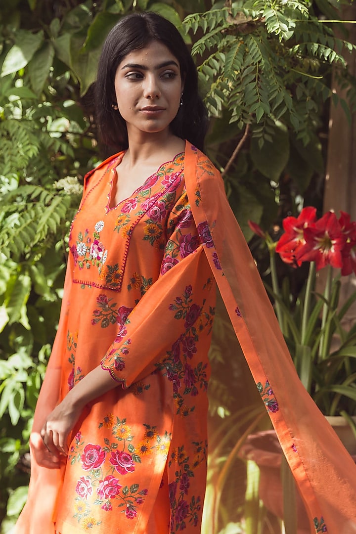 Orange Soft Chanderi Printed & Hand Embroidered Kurta Set by Raiman at Pernia's Pop Up Shop