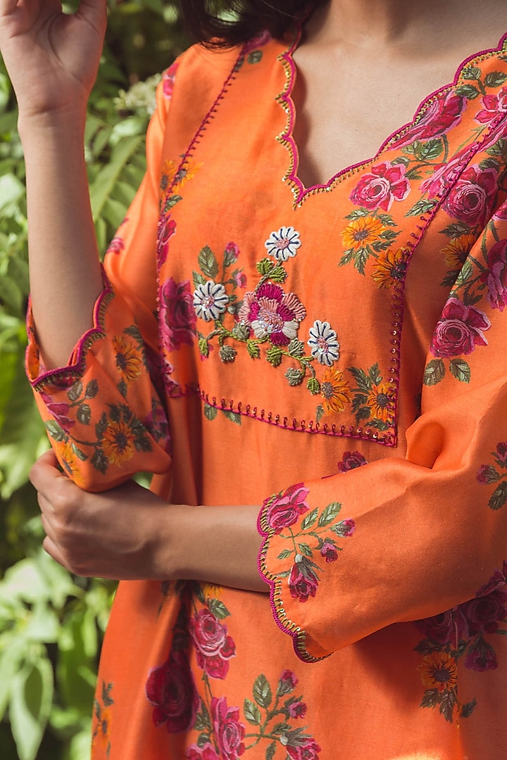 Orange Soft Chanderi Printed & Hand Embroidered Kurta Set by Raiman at Pernia's Pop Up Shop