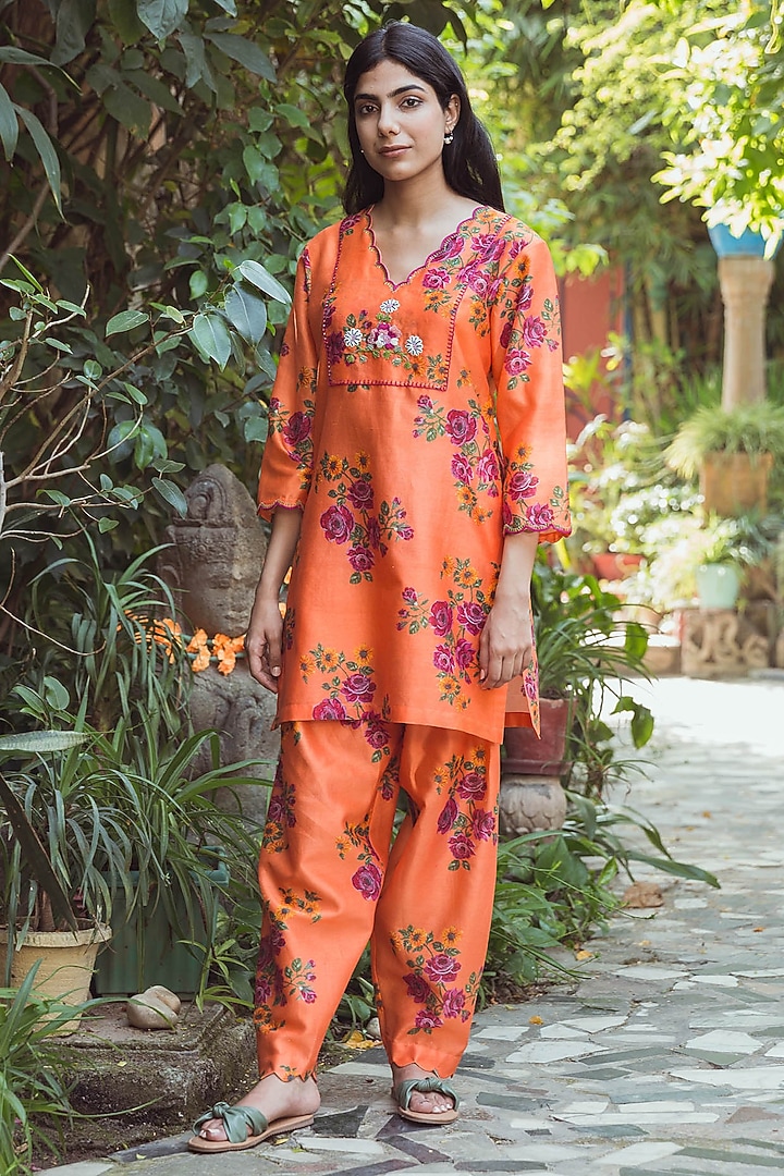 Orange Soft Chanderi Printed & Hand Embroidered Kurta Set by Raiman at Pernia's Pop Up Shop