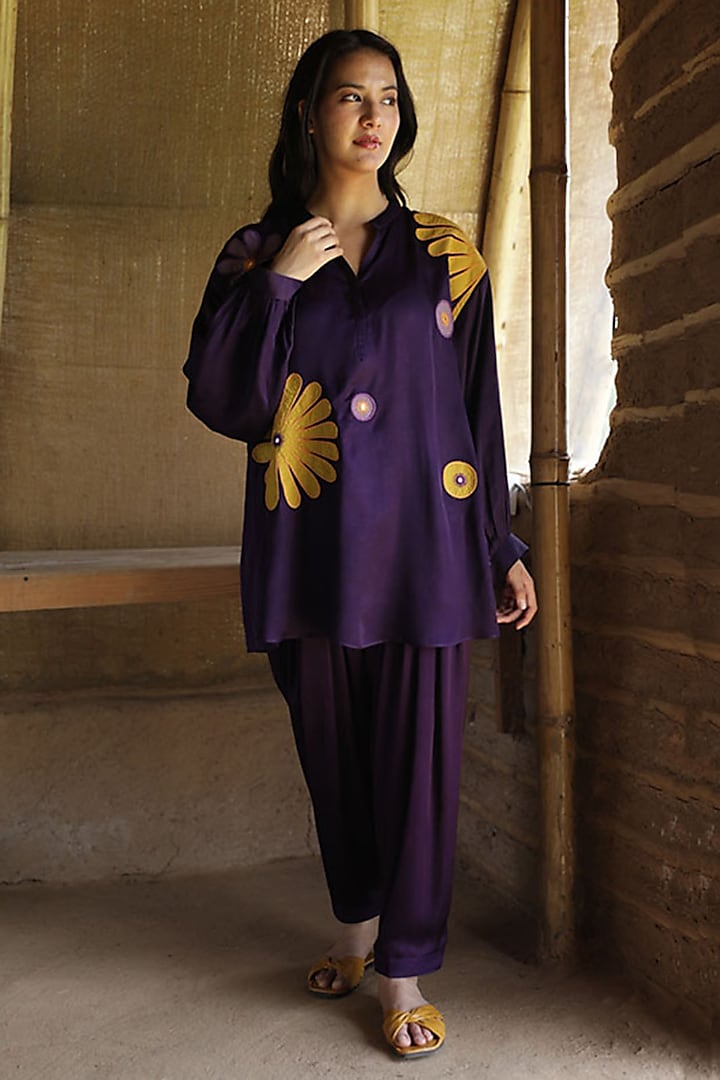 Purple Modal Satin Patchwork Embroidered Kurta Set by Raiman
