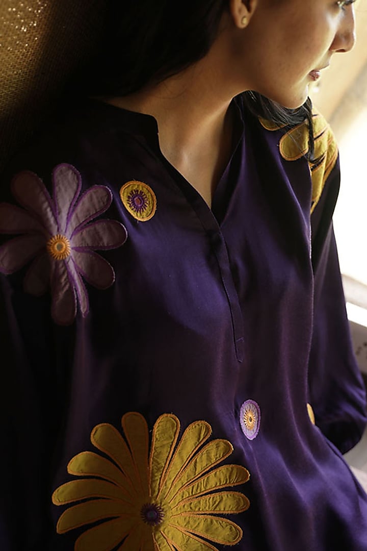 Purple Modal Satin Patchwork Embroidered Kurta Set by Raiman at Pernia's Pop Up Shop