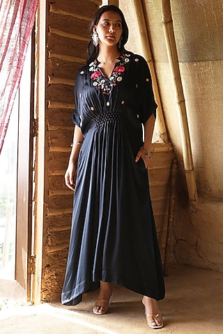 Navy Blue Modal Satin Hand Embroidered Kaftan by Raiman