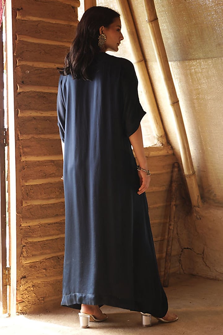 Navy Blue Modal Satin Hand Embroidered Kaftan by Raiman at Pernia's Pop Up Shop