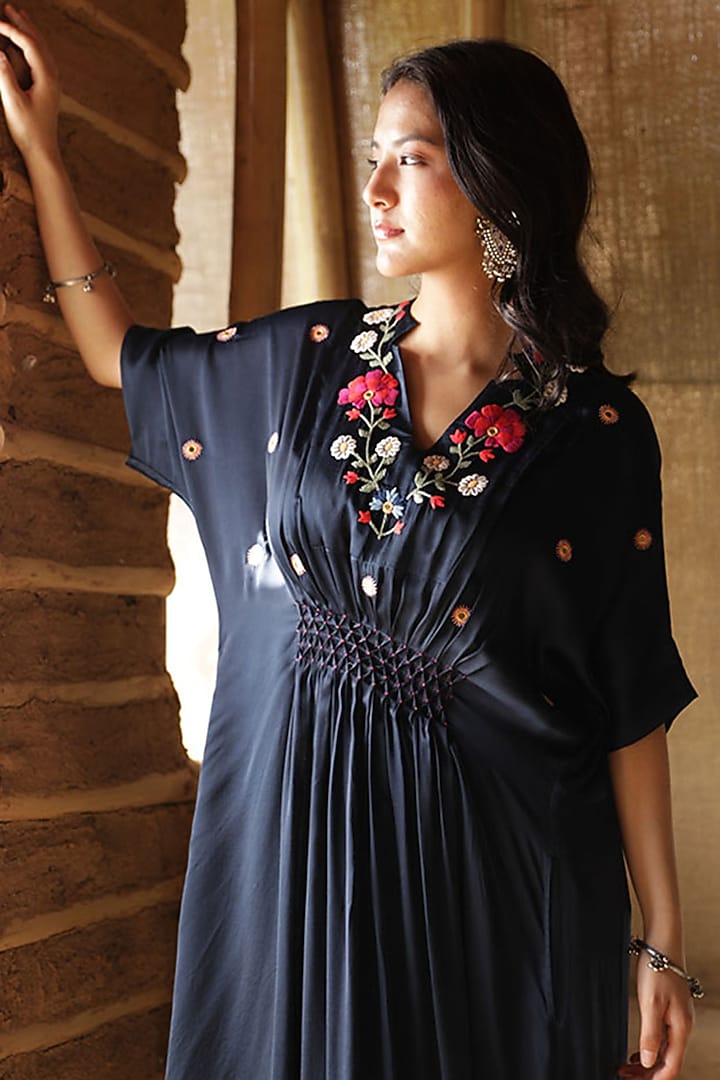 Navy Blue Modal Satin Hand Embroidered Kaftan by Raiman at Pernia's Pop Up Shop