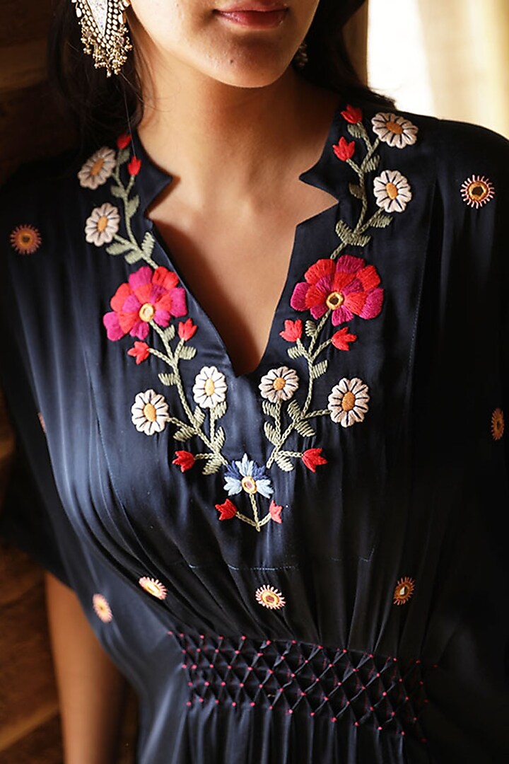 Navy Blue Modal Satin Hand Embroidered Kaftan by Raiman at Pernia's Pop Up Shop