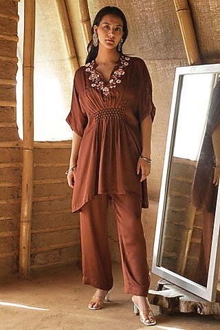 Brown Modal Satin Hand Embroidered Co-ord Set by Raiman