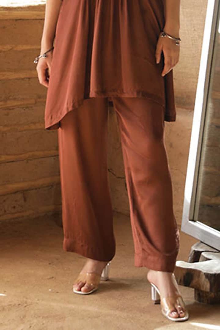 Brown Modal Satin Hand Embroidered Co-ord Set by Raiman at Pernia's Pop Up Shop