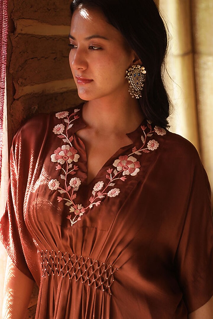 Brown Modal Satin Hand Embroidered Co-ord Set by Raiman at Pernia's Pop Up Shop
