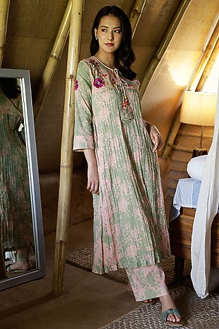 Sage Green & Shell Pink Cotton Embroidered Tunic Set by Raiman