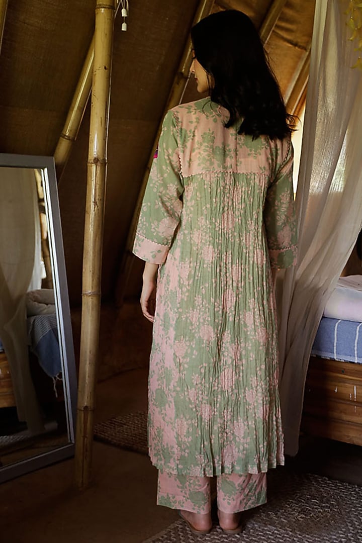 Sage Green & Shell Pink Cotton Embroidered Tunic Set by Raiman at Pernia's Pop Up Shop