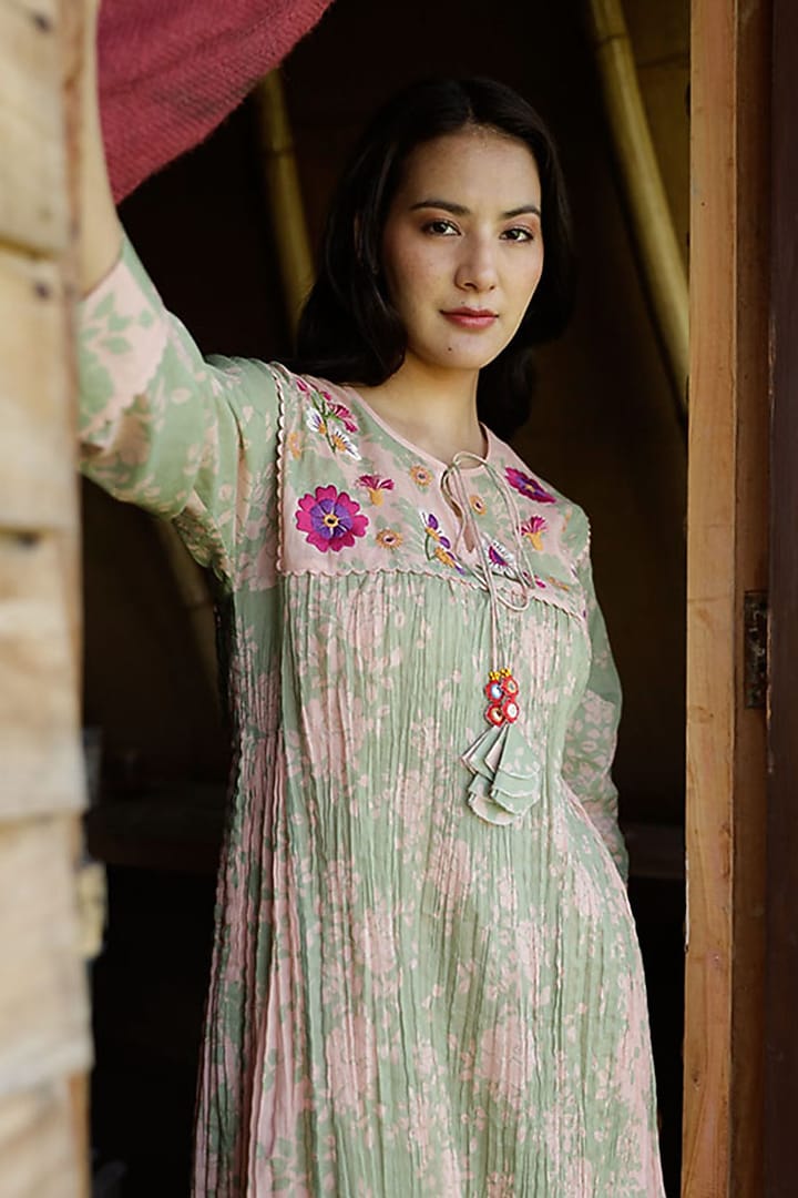 Sage Green & Shell Pink Cotton Embroidered Tunic Set by Raiman at Pernia's Pop Up Shop