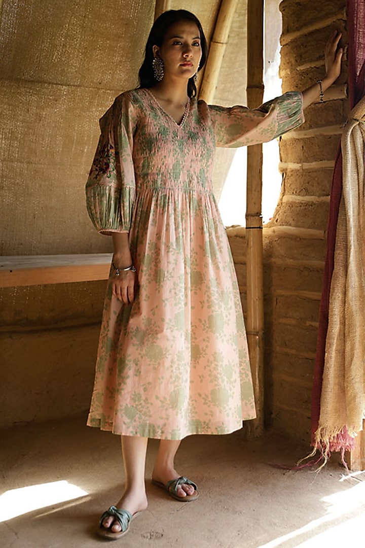 Sage Green & Shell Pink Cotton Embroidered Midi Dress by Raiman