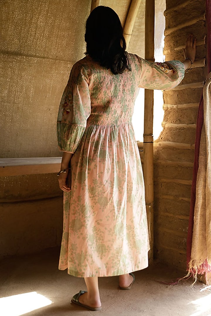 Sage Green & Shell Pink Cotton Embroidered Midi Summer Dress by Raiman at Pernia's Pop Up Shop