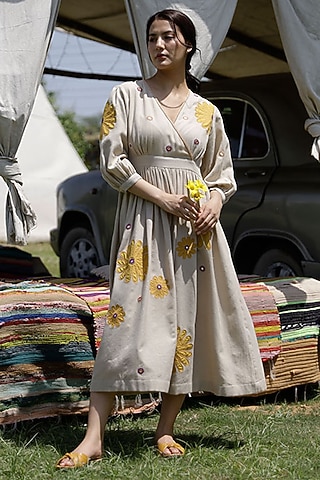 Sand Grey Handloom Cotton Embroidered Wrap Dress by Raiman