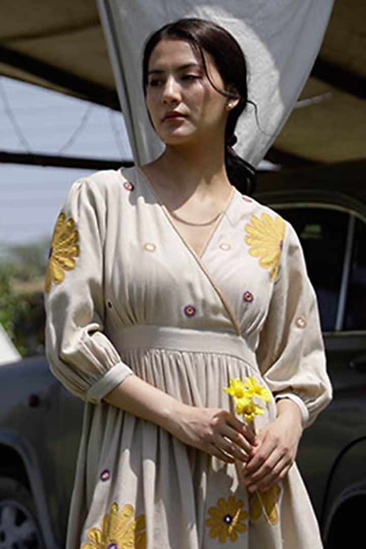 Sand Grey Handloom Cotton Embroidered Wrap Summer Dress by Raiman at Pernia's Pop Up Shop