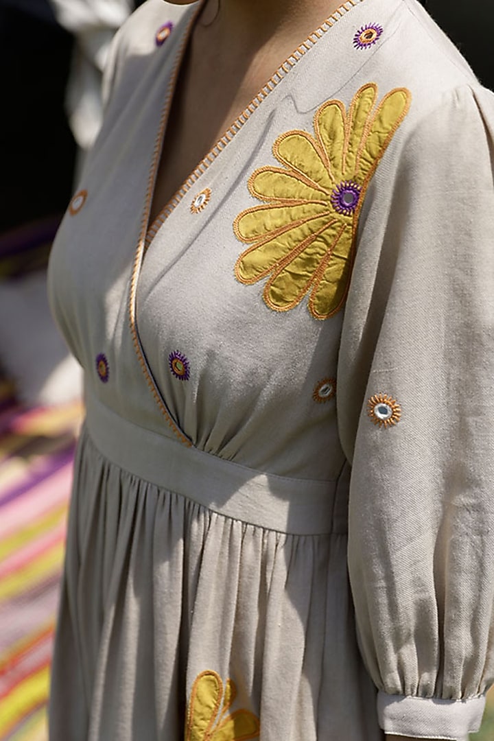 Sand Grey Handloom Cotton Embroidered Wrap Summer Dress by Raiman at Pernia's Pop Up Shop