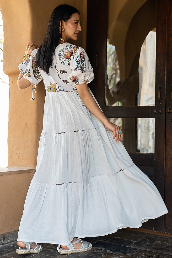Off-White Soft Crinkled Muslin Thread Work Printed Maxi Summer Dress by Raiman at Pernia's Pop Up Shop
