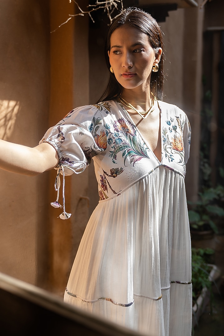 Off-White Soft Crinkled Muslin Thread Work Printed Maxi Summer Dress by Raiman at Pernia's Pop Up Shop