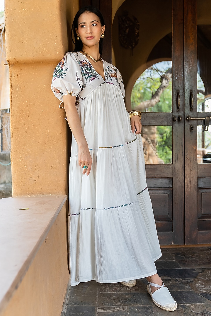 Off-White Soft Crinkled Muslin Thread Work Printed Maxi Summer Dress by Raiman at Pernia's Pop Up Shop