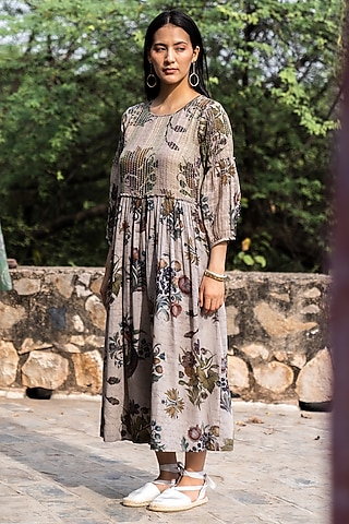 Sage Grey Gauze Cotton Floral Hand Painted Dress by Raiman