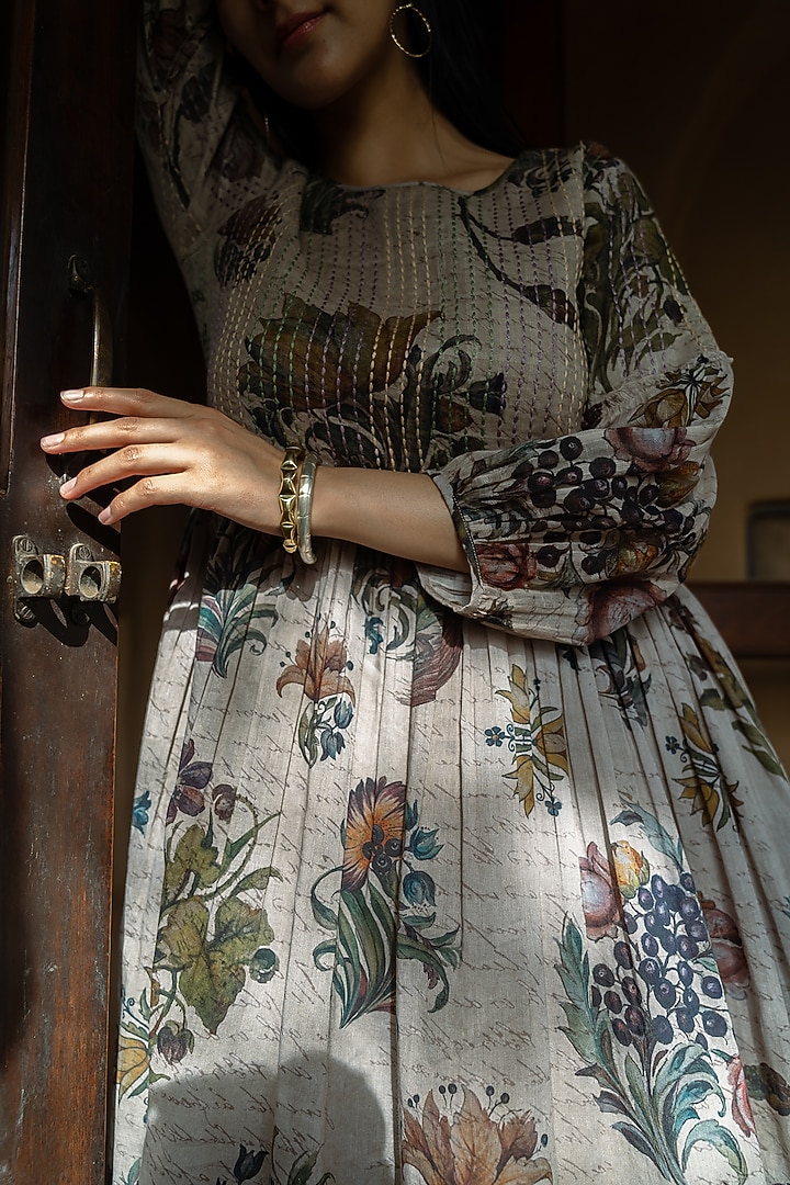 Sage Grey Gauze Cotton Floral Hand Painted Summer Dress by Raiman at Pernia's Pop Up Shop