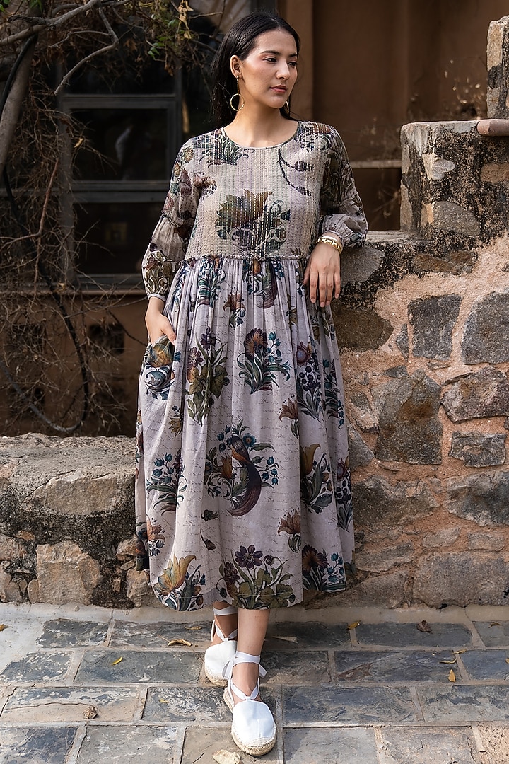 Sage Grey Gauze Cotton Floral Hand Painted Summer Dress by Raiman at Pernia's Pop Up Shop