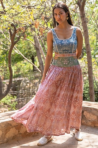 Multi-Colored Cotton Printed & Hand Embroidered Maxi Dress by Raiman