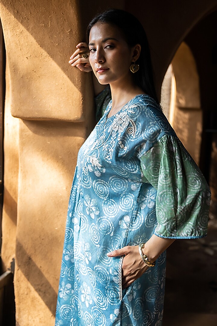 Blue Soft Mul Cotton Hand Embroidered Summer Shirt Dress by Raiman at Pernia's Pop Up Shop