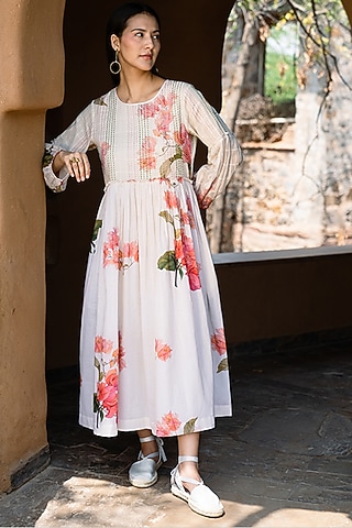 Off-White Gauze Cotton Floral Hand Painted Dress by Raiman