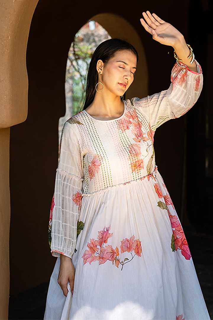 Off-White Gauze Cotton Floral Hand Painted Summer Dress by Raiman at Pernia's Pop Up Shop