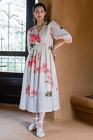 Off-White Mul Printed & Hand Embroidered Dress by Raiman